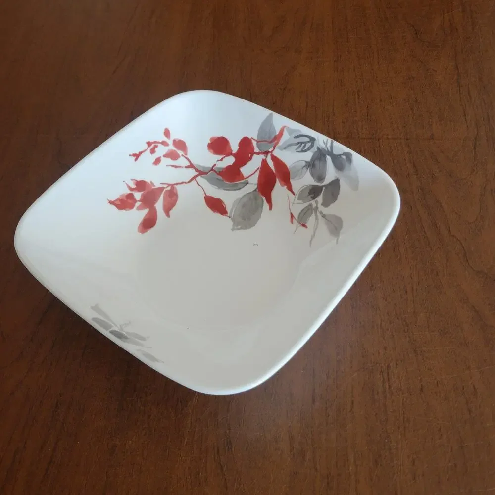 Corelle Kyoto Leaves 9” Square Serving Bowl Japanese Red Gray USA
